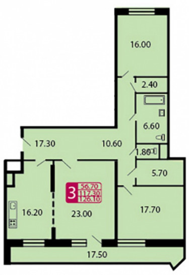 Трёхкомнатная квартира 117.3 м²
