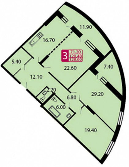 Трёхкомнатная квартира 120.4 м²