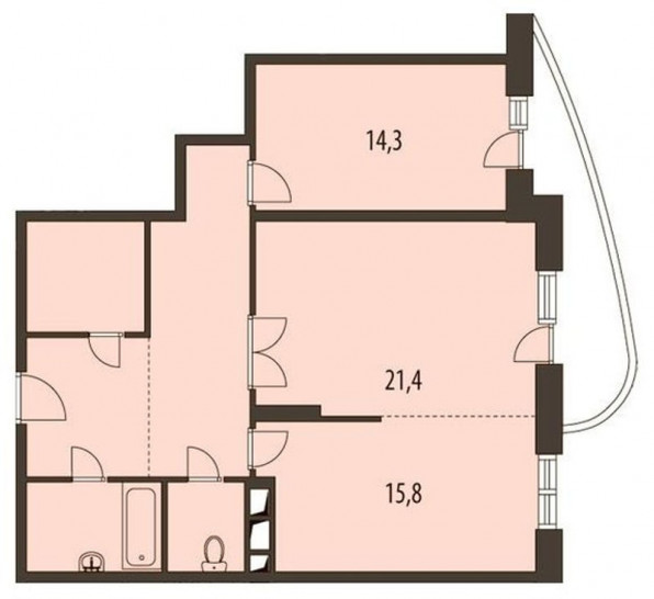 Двухкомнатная квартира 88.9 м²