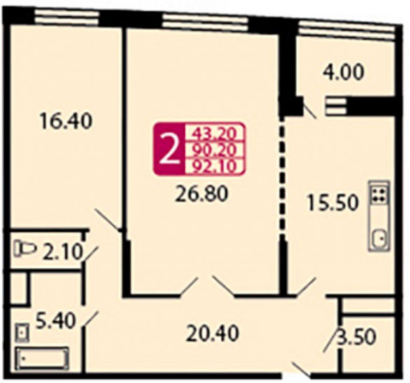 Двухкомнатная квартира 90.1 м²
