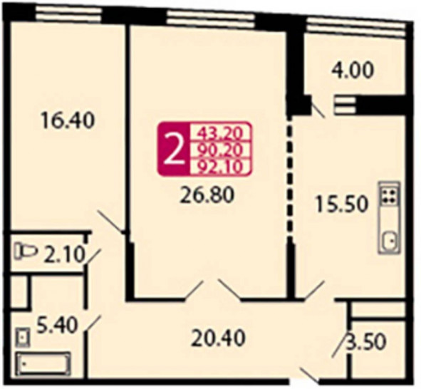 Двухкомнатная квартира 90.1 м²