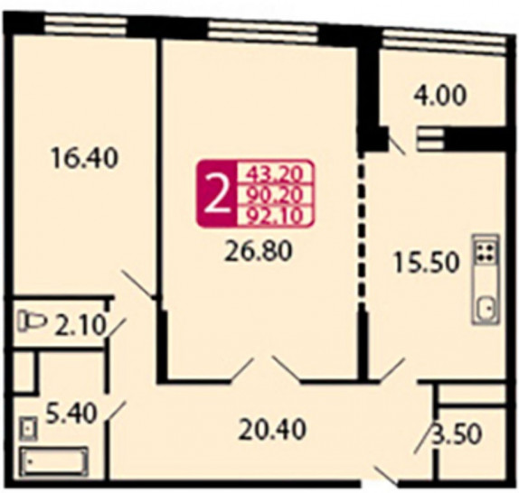 Двухкомнатная квартира 90.1 м²